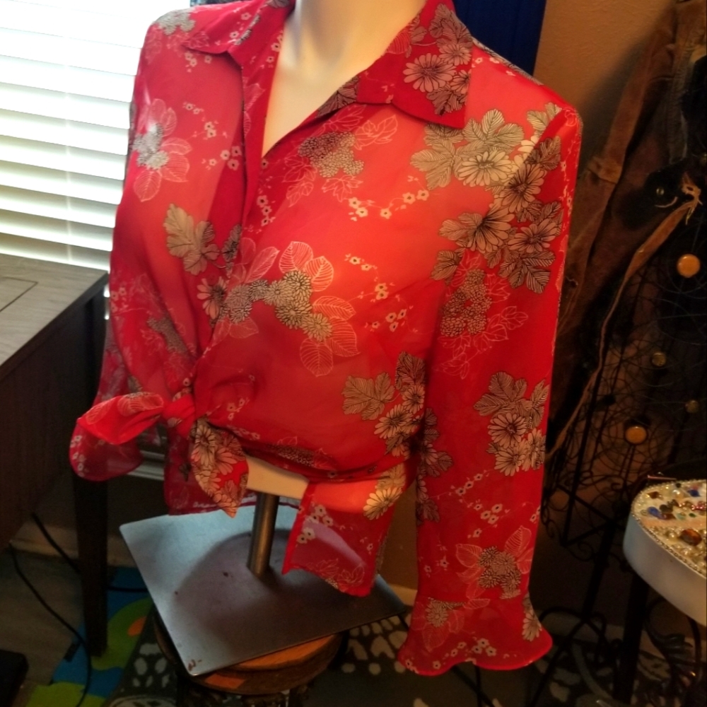 Notions red white and black  sheer blouse button up